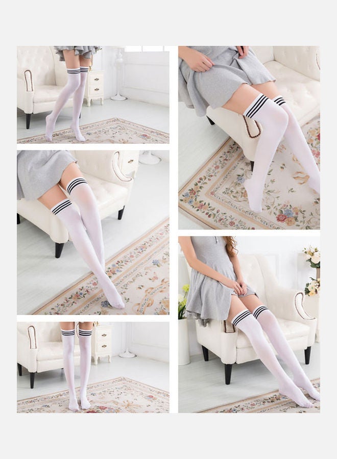 1-Pair Fashion Stripes Non Slip Long Tube Knee Socks White - Image 3