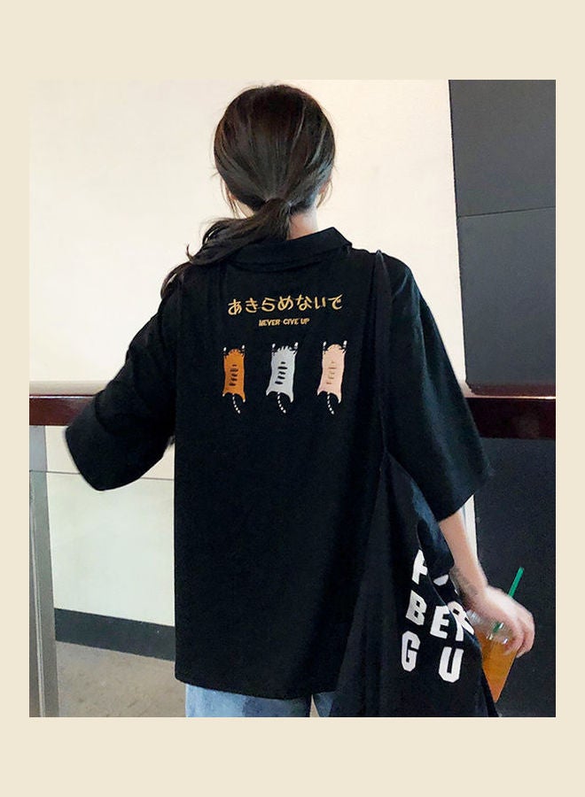 Polo Shirt With Cartoon Pattern Embroidery Short Sleeve Lapel Tops Pullover Black  - Image 1