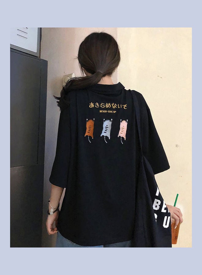 Polo Shirt With Cartoon Pattern Embroidery Short Sleeve Lapel Tops Pullover Black  - Image 3