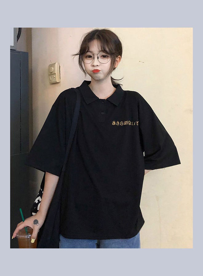 Polo Shirt With Cartoon Pattern Embroidery Short Sleeve Lapel Tops Pullover Black  - Image 4