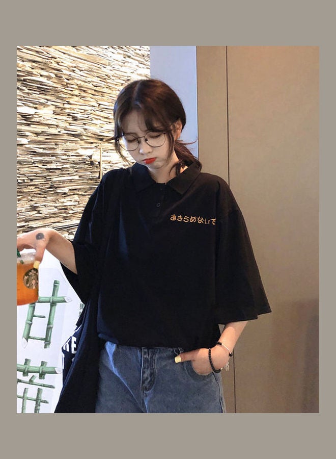 Polo Shirt With Cartoon Pattern Embroidery Short Sleeve Lapel Tops Pullover Black  - Image 5