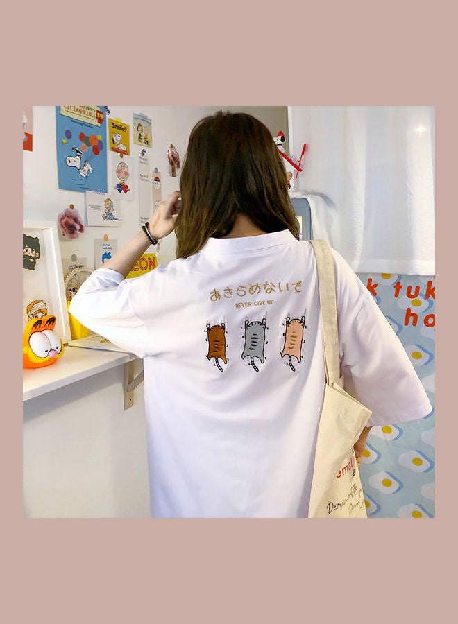 Polo Shirt With Cartoon Pattern Embroidery Short Sleeve Lapel Tops Pullover White 