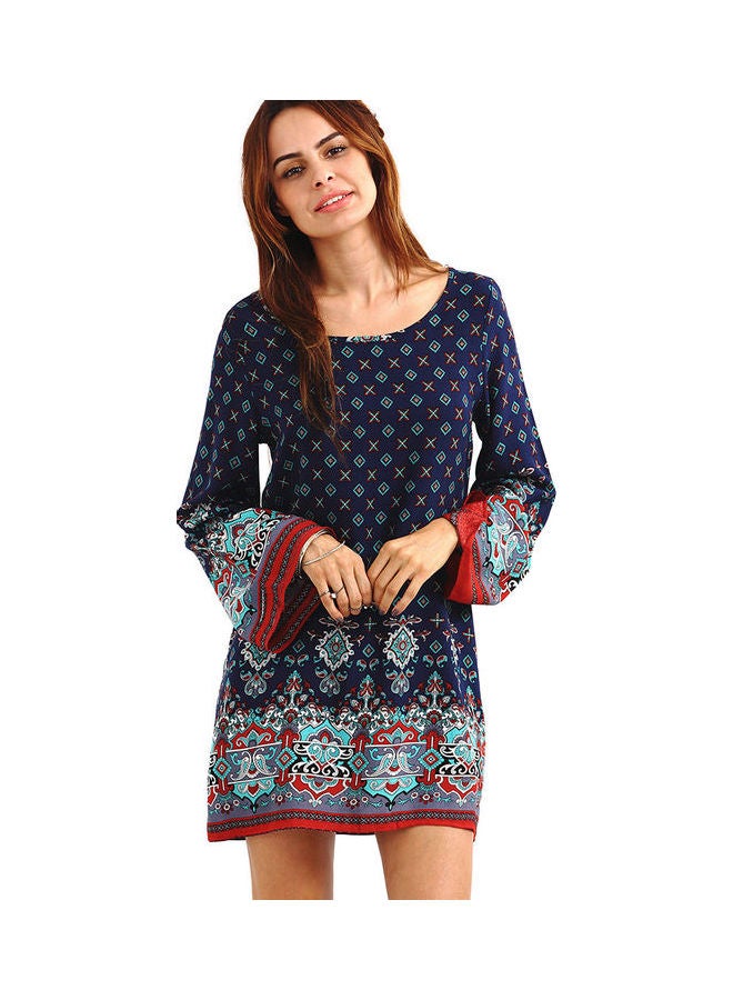 Retro Printing Large Size Loose Baroque Dress Royal Blue - Image 1