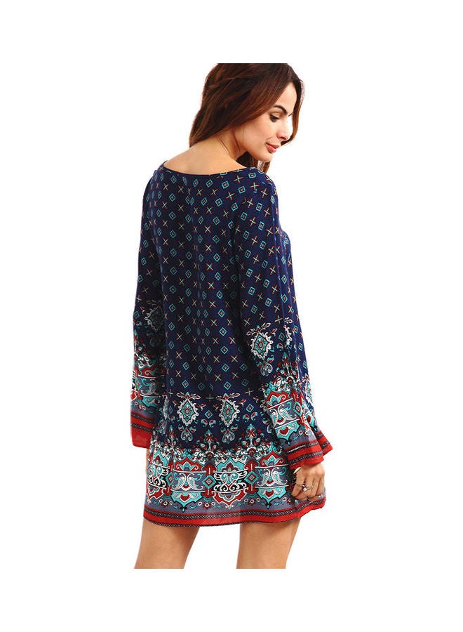 Retro Printing Large Size Loose Baroque Dress Royal Blue - Image 4