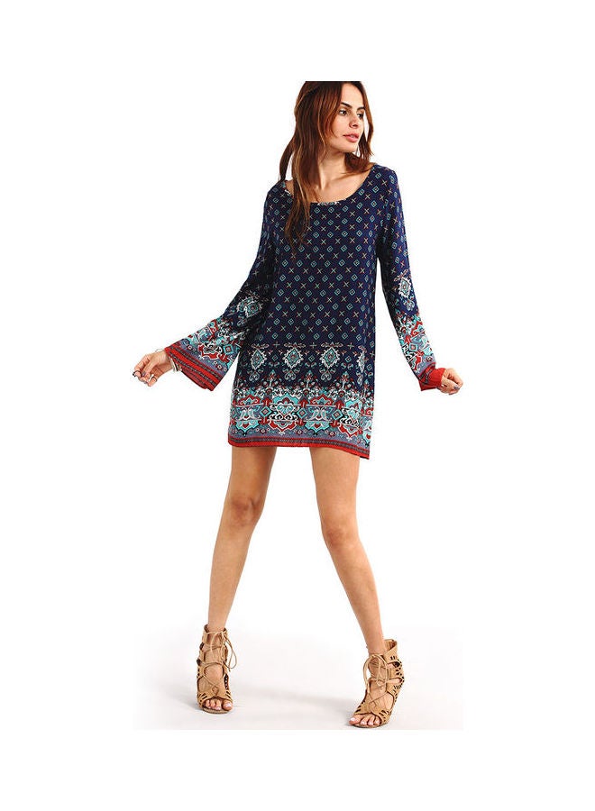 Retro Printing Large Size Loose Baroque Dress Royal Blue - Image 5