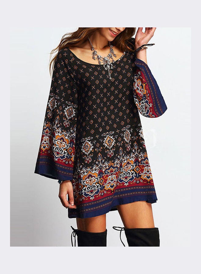 Retro Printing Large Size Loose Baroque Dress Royal Blue - Image 3