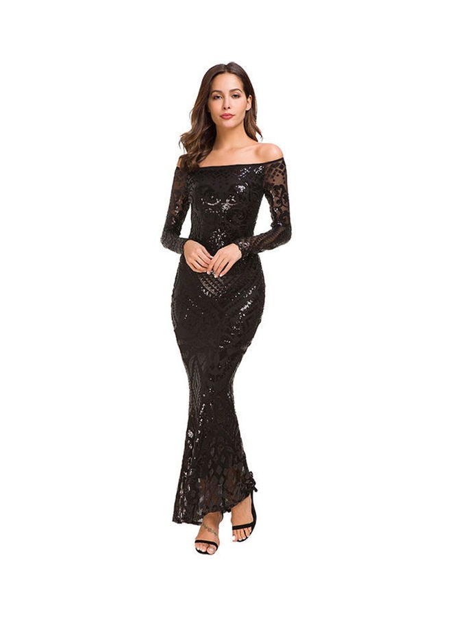 Winter Sequined Lace Fishtail Fomal Dress Black - Image 3