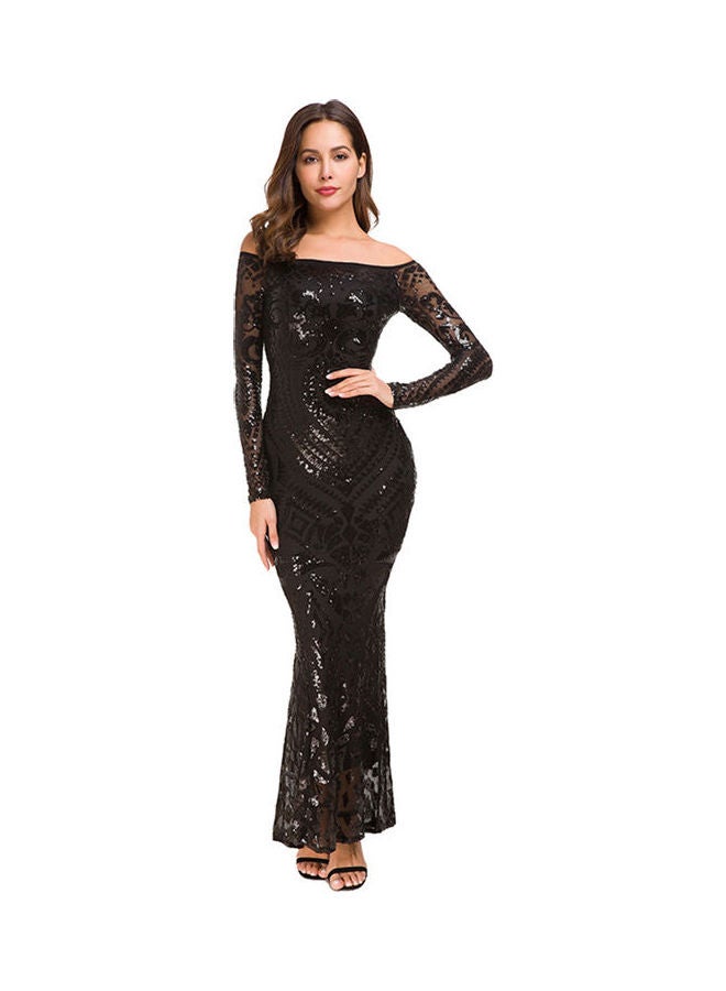 Winter Sequined Lace Fishtail Fomal Dress Black - Image 4