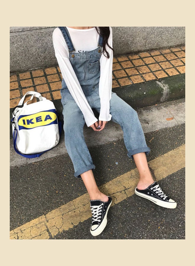 بنطال جينز أوتوم بتصميمٍ ممزّق مع حمالات أزرق - Image 2