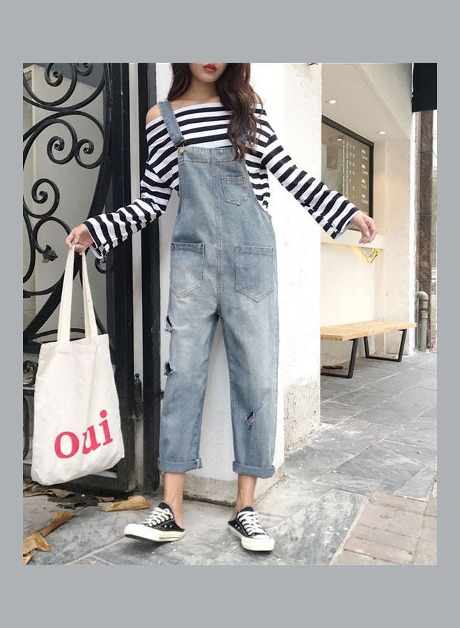 بنطال جينز أوتوم بتصميمٍ ممزّق مع حمالات أزرق - Image 1