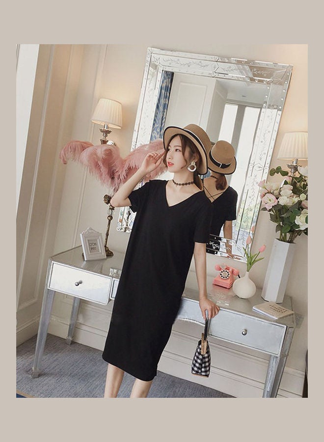 Casual Loose V-neckline Mid Long T-shirt Dress Black - Image 1