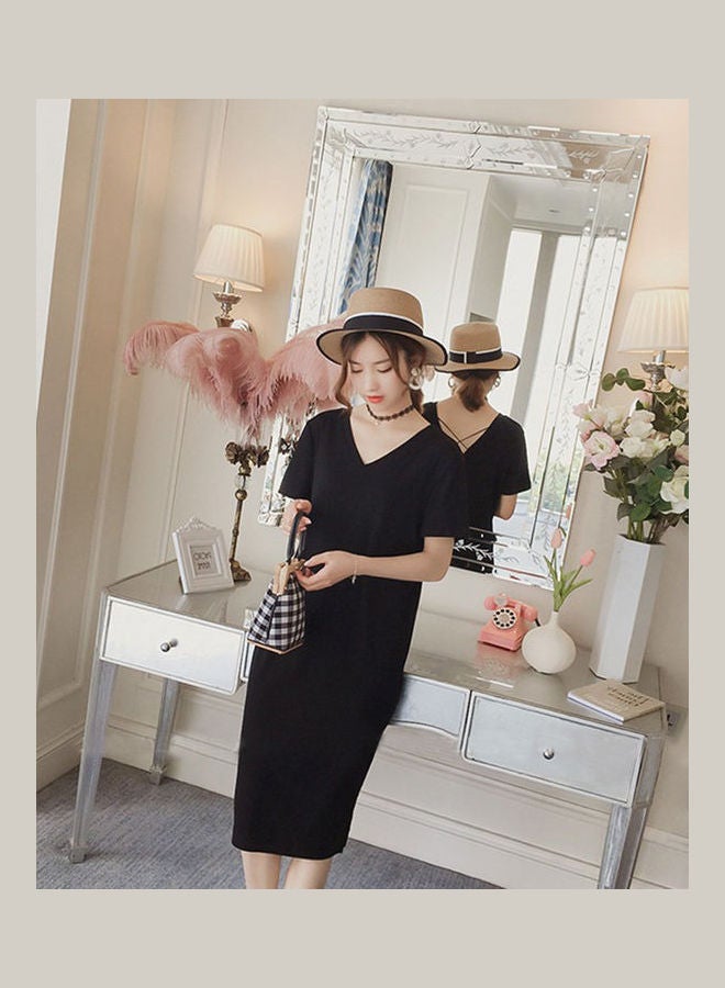 Casual Loose V-neckline Mid Long T-shirt Dress Black - Image 5