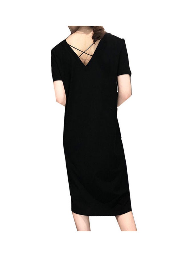 Casual Loose V-neckline Mid Long T-shirt Dress Black - Image 3