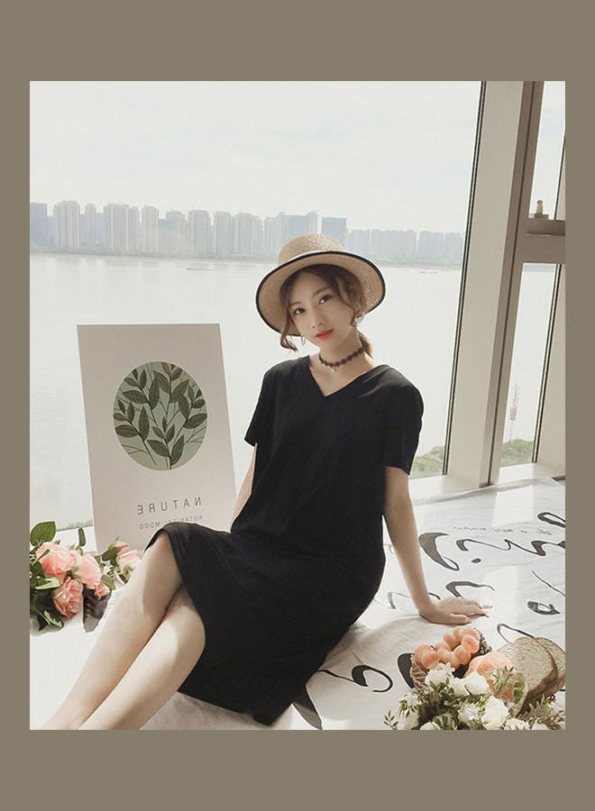 Casual Loose V-neckline Mid Long T-shirt Dress Black - Image 4