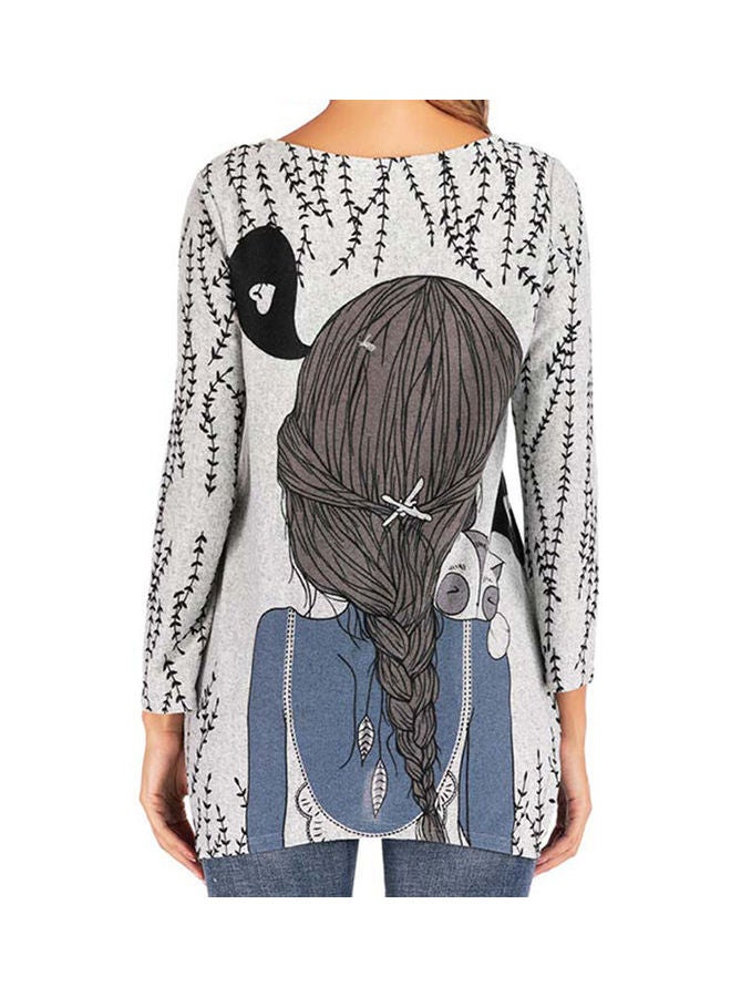 Long Sleeve Round Neckline Cartoon Print Wool Knit T-shirt Tops Blue