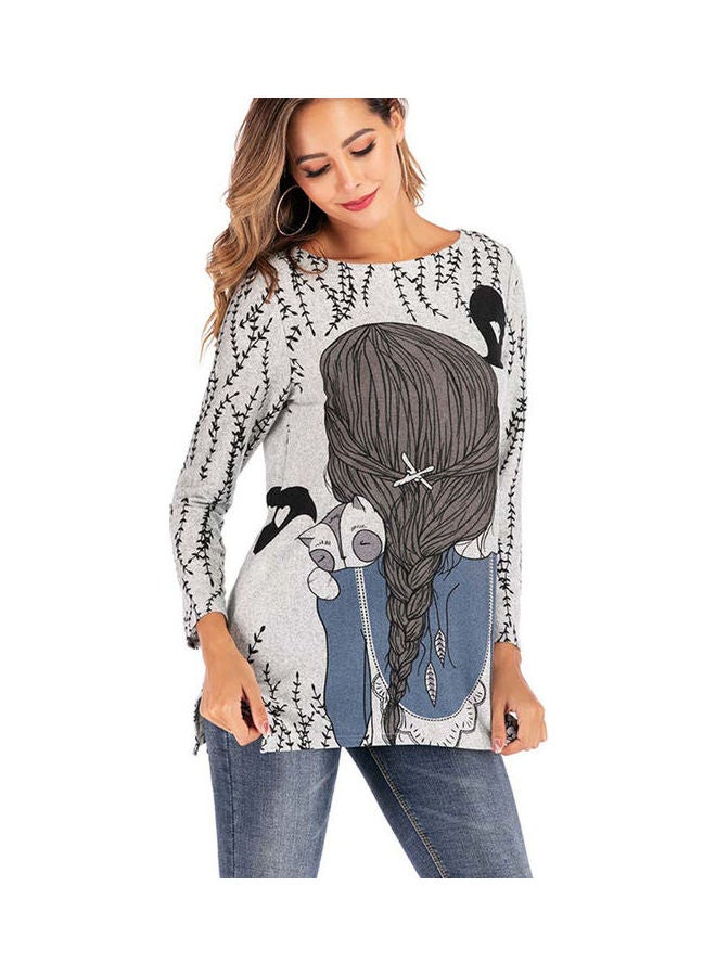 Long Sleeve Round Neckline Cartoon Print Wool Knit T-shirt Tops Blue