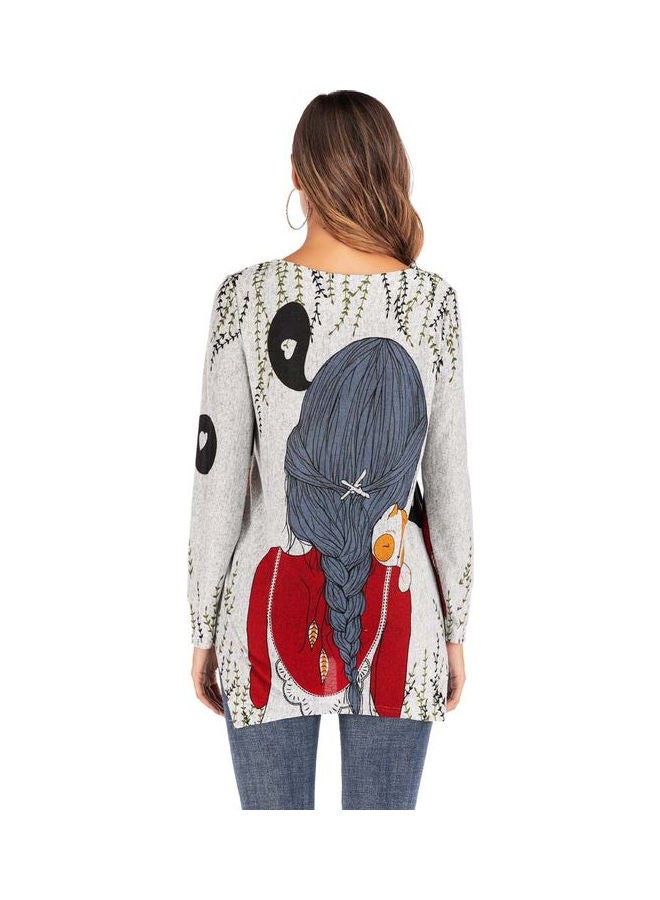 Long Sleeve Round Neckline Cartoon Print Wool Knit T-shirt Tops Red - Image 4
