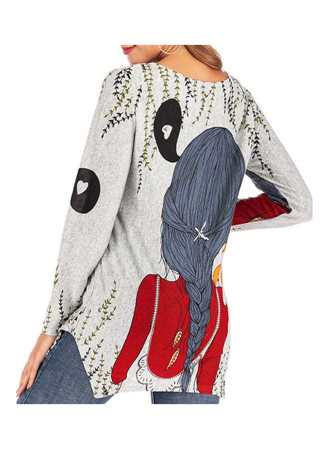 Long Sleeve Round Neckline Cartoon Print Wool Knit T-shirt Tops Red - Image 3
