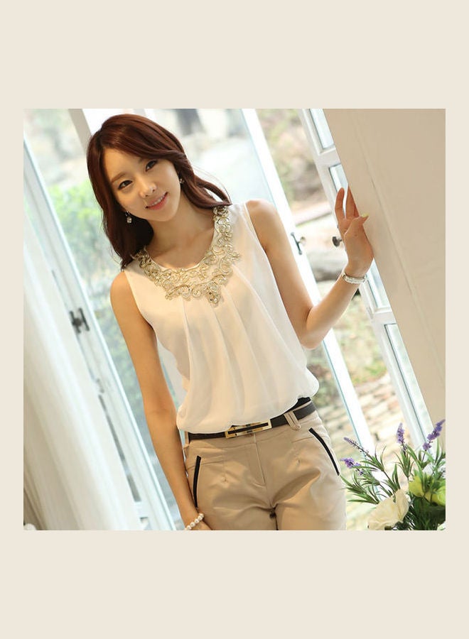 Generic - Summer Sleeveless Chiffon Double Lace Sequin Shirt Vest White - Image 1