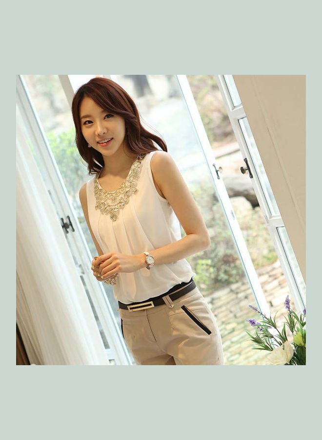 Generic - Summer Sleeveless Chiffon Double Lace Sequin Shirt Vest White - Image 1