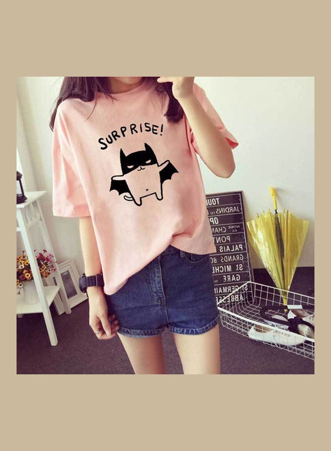Loose Cartoon Printing Round Collar Short Sleeve T-shirt Pink - Image 1