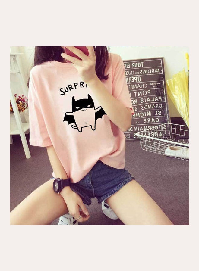 Loose Cartoon Printing Round Collar Short Sleeve T-shirt Pink - Image 2