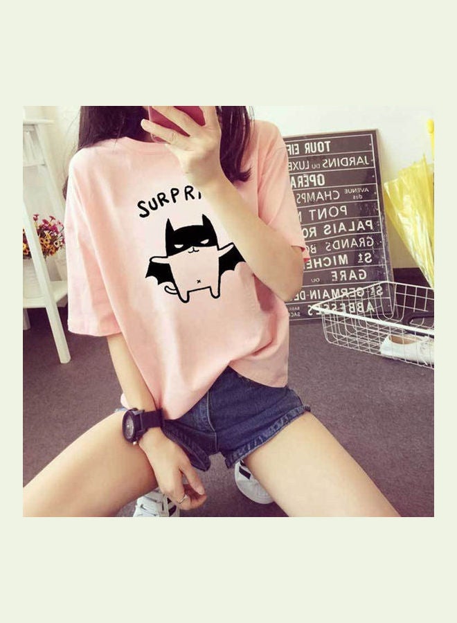 Loose Cartoon Printing Round Collar Short Sleeve T-shirt Pink - Image 5