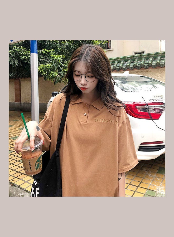 Generic Polo Shirt With Cartoon Pattern Embroidery Short Sleeve Lapel Tops Pullover Brown  - Image 1