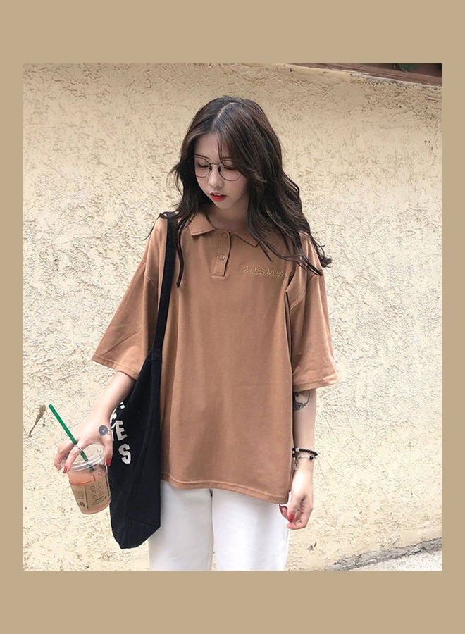 Generic Polo Shirt With Cartoon Pattern Embroidery Short Sleeve Lapel Tops Pullover Brown  - Image 2