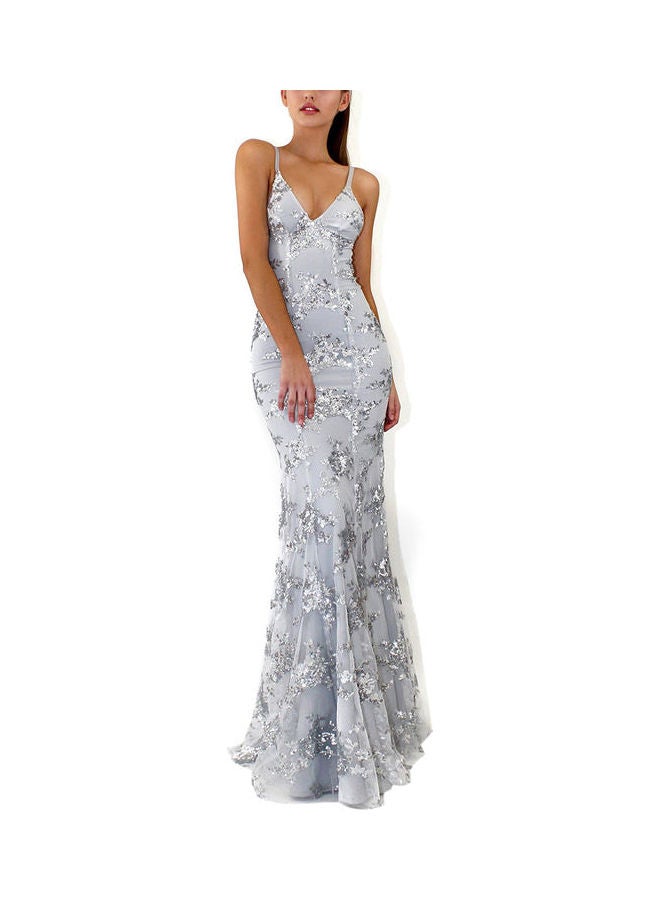 Slim V-neck Sequins Sling Long Formal Dress Grey - Image 1