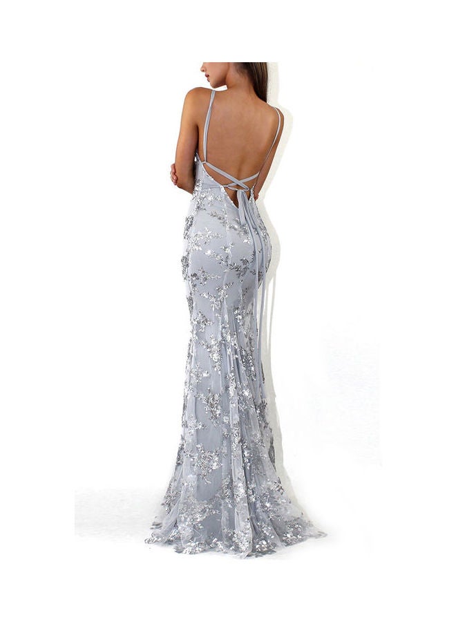Slim V-neck Sequins Sling Long Formal Dress Grey - Image 3