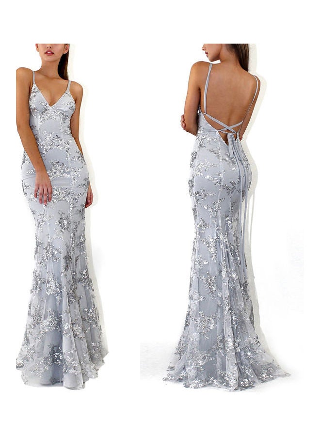 Slim V-neck Sequins Sling Long Formal Dress Grey - Image 4