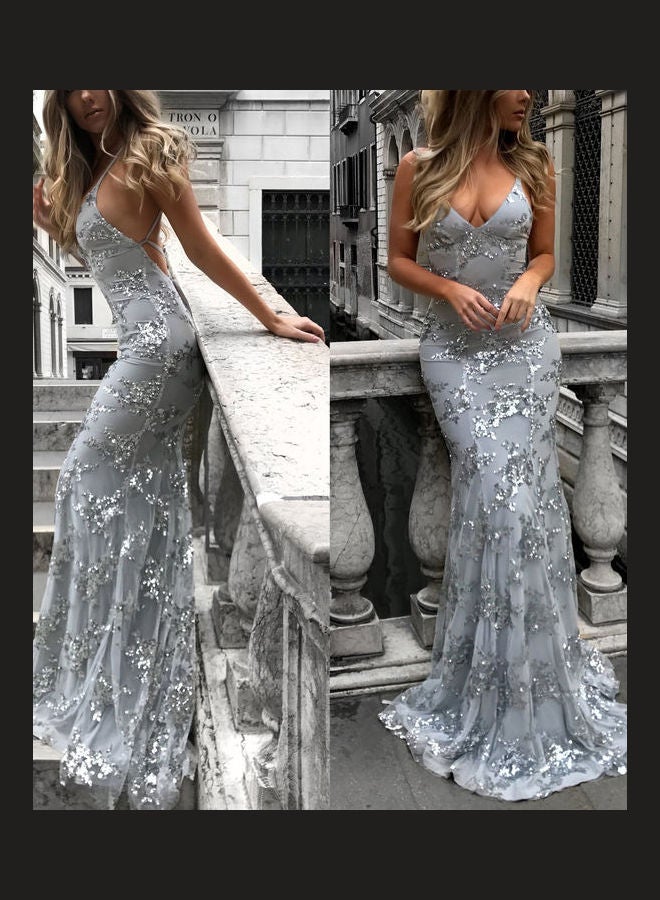Slim V-neck Sequins Sling Long Formal Dress Grey - Image 5
