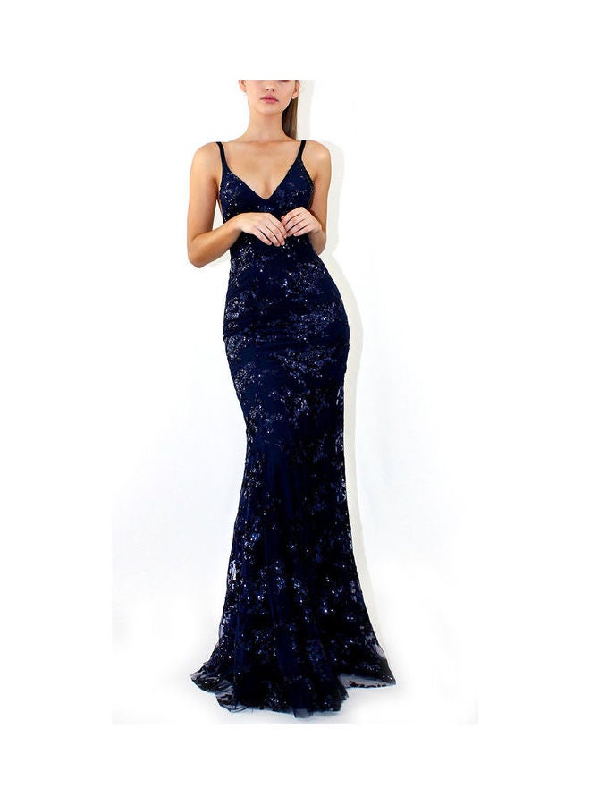 Slim V-neck Sequins Sling Long Formal Dress Dark Blue - Image 1