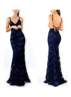 Generic Slim V-neck Sequins Sling Long Formal Dress Dark Blue  - Image 4
