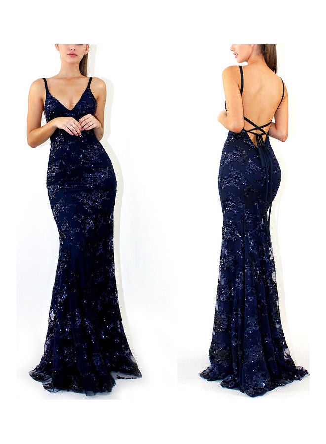 Slim V-neck Sequins Sling Long Formal Dress Dark Blue - Image 4