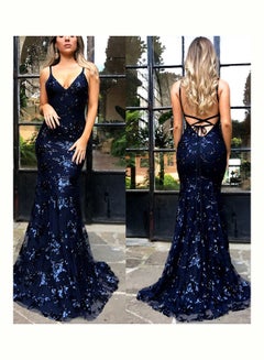 Generic Slim V-neck Sequins Sling Long Formal Dress Dark Blue  - Image 5