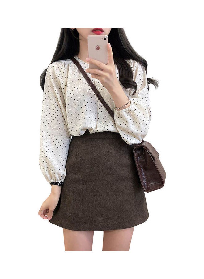 Blouse Spring And Summer Autumn Loose Crew Neck Lantern Sleeve Top Apricot - Image 1