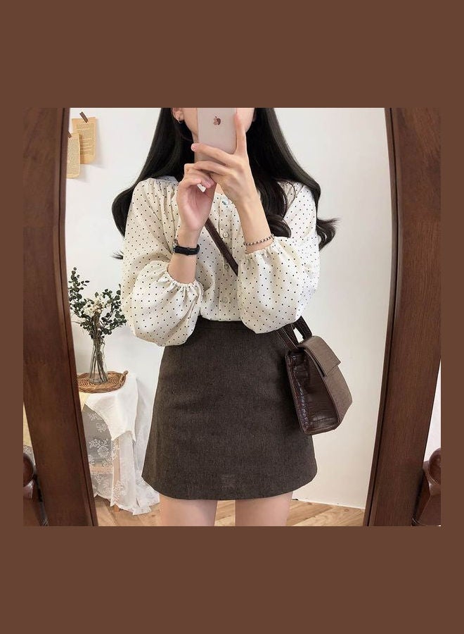 Blouse Spring And Summer Autumn Loose Crew Neck Lantern Sleeve Top Apricot - Image 3