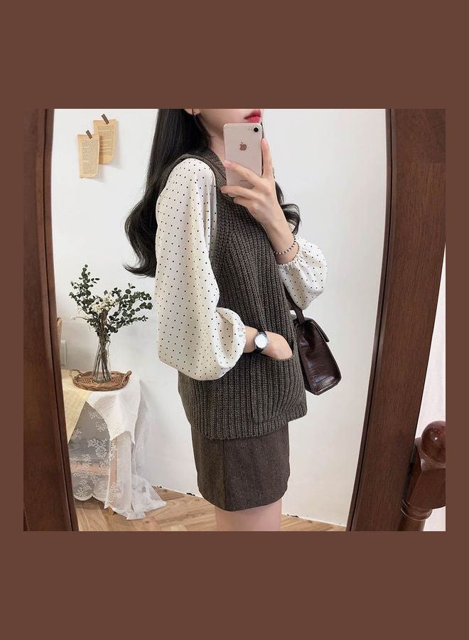Blouse Spring And Summer Autumn Loose Crew Neck Lantern Sleeve Top Apricot - Image 4