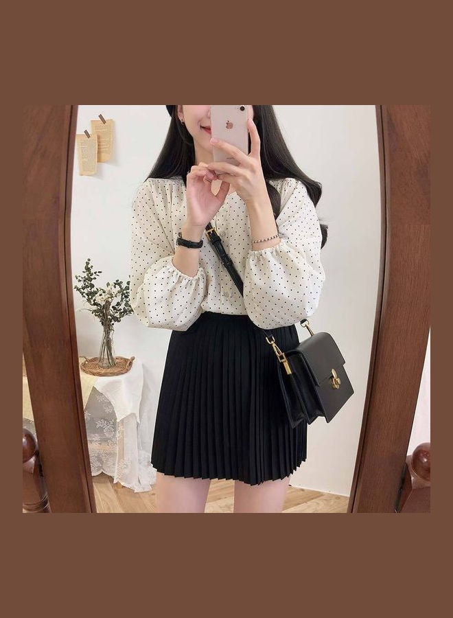Blouse Spring And Summer Autumn Loose Crew Neck Lantern Sleeve Top Apricot - Image 5