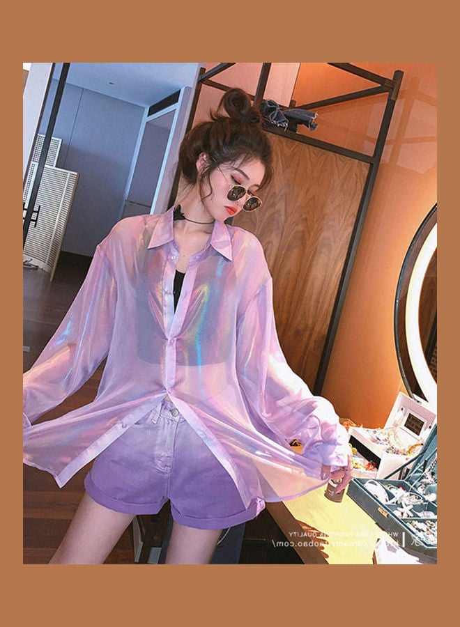 Cardigan Spring And Summer Long Sleeve Flash Loose Sunscreen Shirt Purple  - Image 4