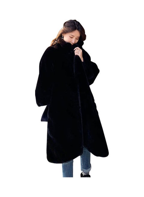 High Collar Plush Loose Over Knee Long Coat Jacket Black