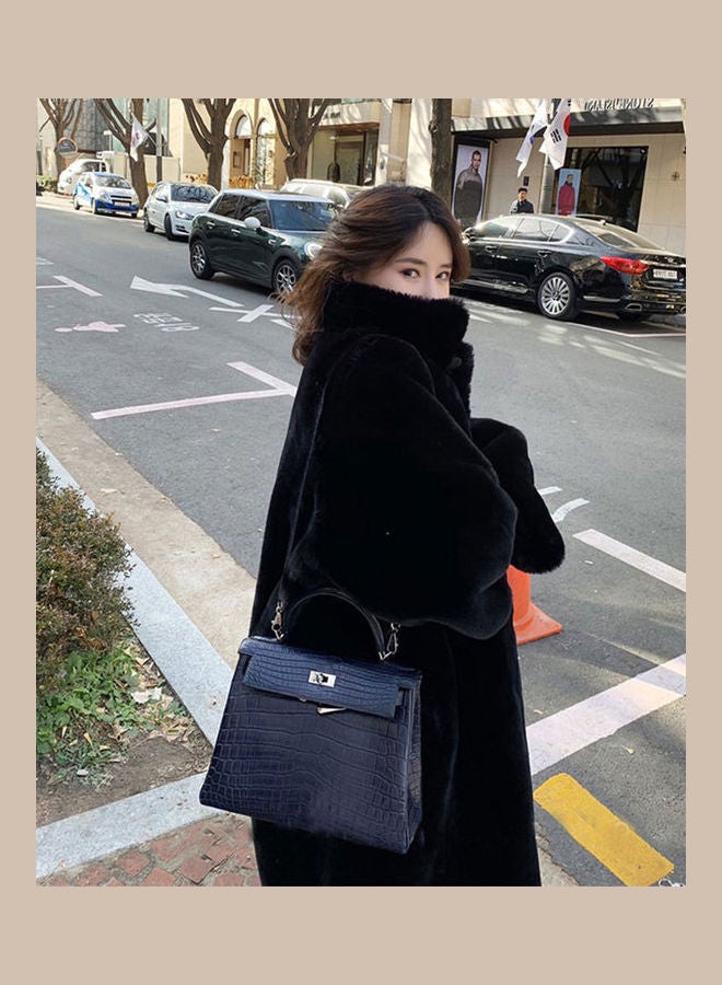 High Collar Plush Loose Over Knee Long Coat Jacket Black  - Image 3