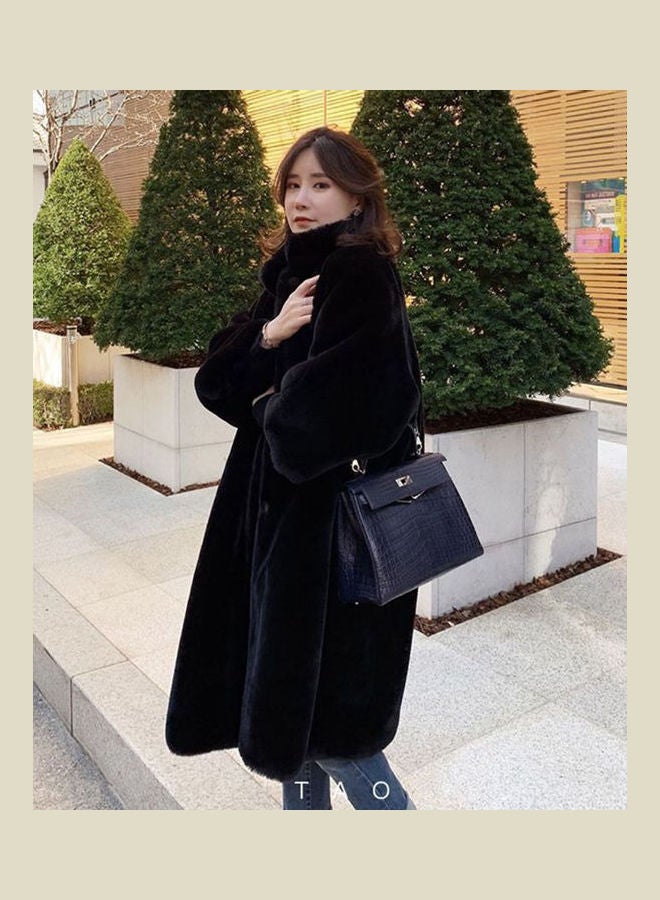 High Collar Plush Loose Over Knee Long Coat Jacket Black  - Image 4