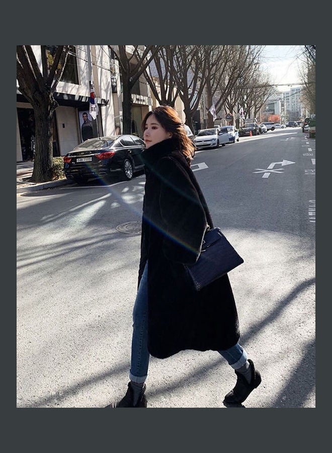 High Collar Plush Loose Over Knee Long Coat Jacket Black  - Image 5