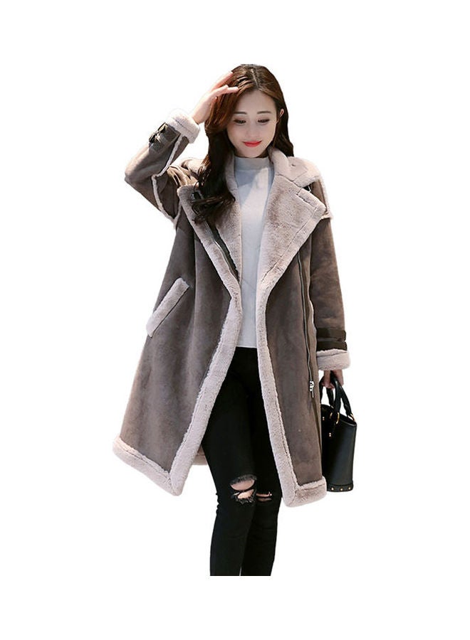 Warm Thicken Medium Long Suede Fabric Padded Coat Grey - Image 1