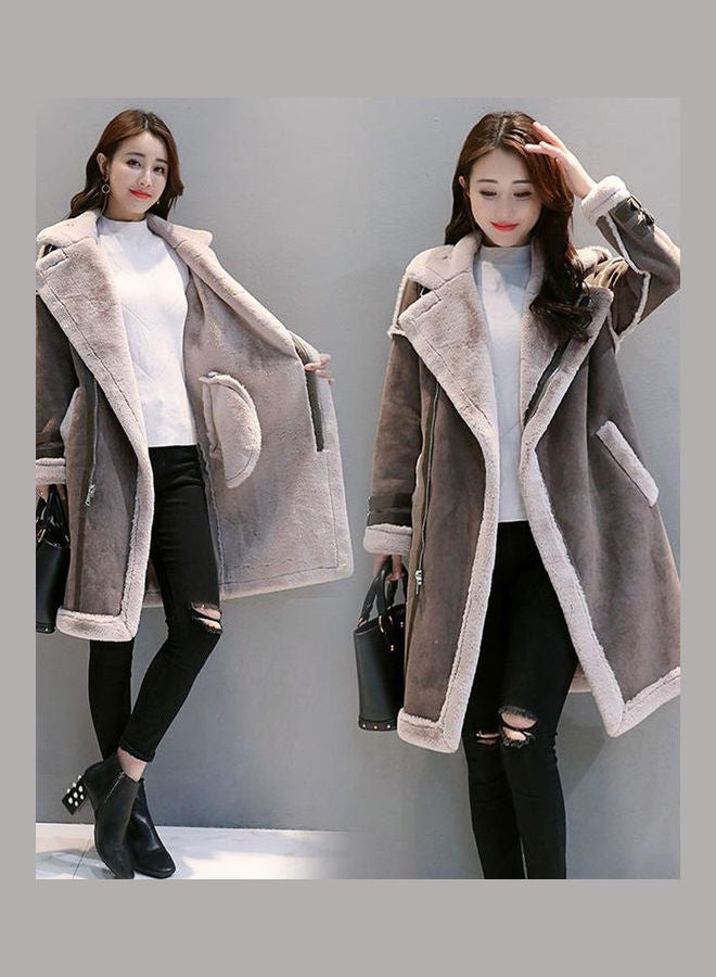 Warm Thicken Medium Long Suede Fabric Padded Coat Grey - Image 3