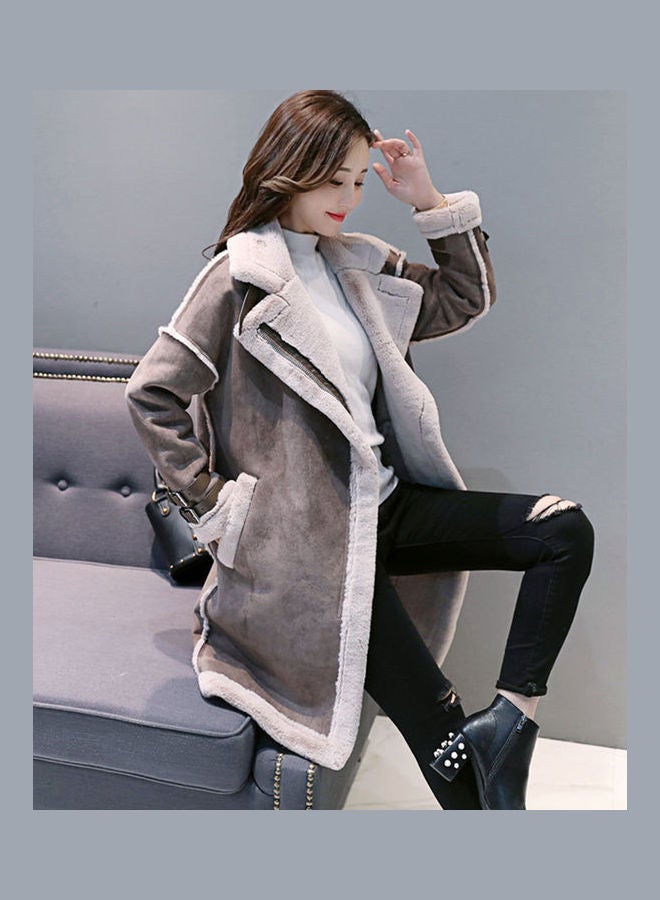 Warm Thicken Medium Long Suede Fabric Padded Coat Grey - Image 4