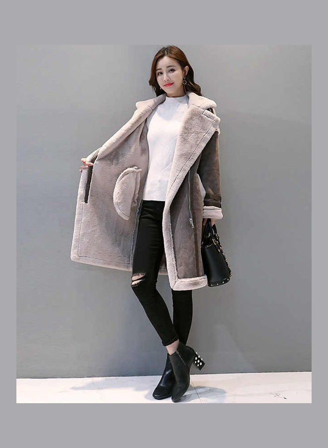 Warm Thicken Medium Long Suede Fabric Padded Coat Grey - Image 5